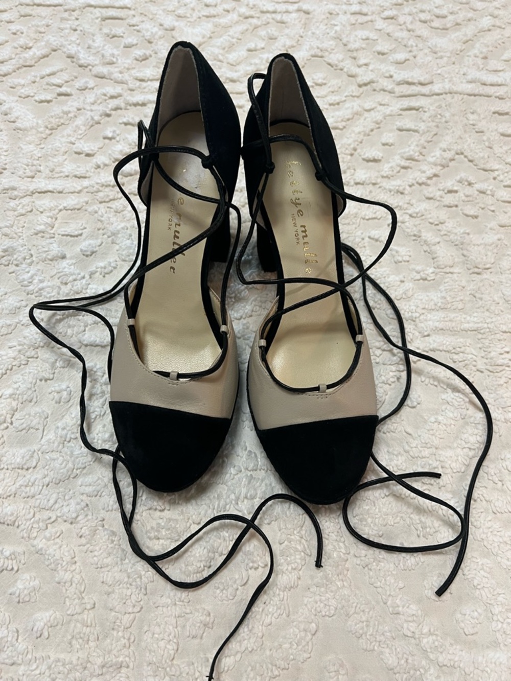bettye muller Black and Beige Lace-Up Block Heel Pumps
